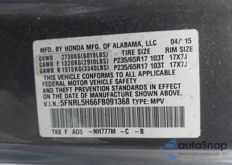 2015 Honda Odyssey Ex-L from USA, damaged, VIN 5FNRL5H66FB091368
